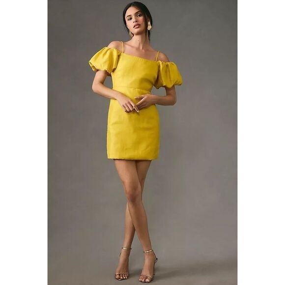 Anthropologie Let Me Be Slim Off Shoulder Puff Sleeve Dress M Cocktail Wedding - Picture 2 of 11